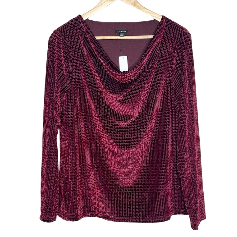 Talbots Houndstooth Velvet Burnout Top Red Womens Size L Cowl Neck